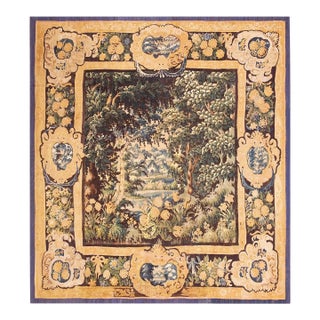 1750ss Green Antique French Verdure Tapestry Rug 9'8" X 10'4" Flatweave Wool Carpet For Sale