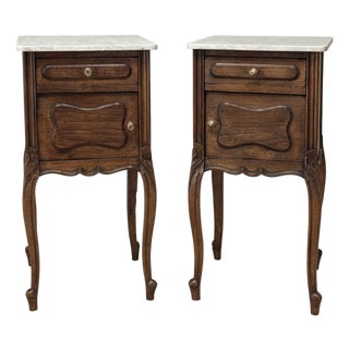 Pair of Antique French Louis XV Oak Nightstands With Carrara Marble For Sale