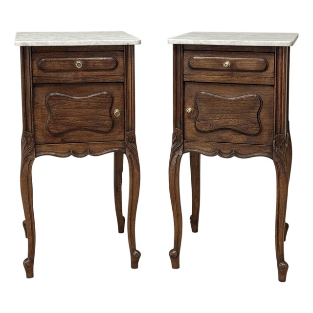 Pair of Antique French Louis XV Oak Nightstands With Carrara Marble For Sale