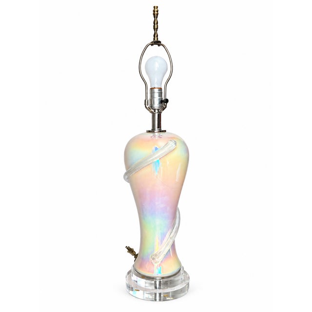 Iridescent Pearlescent Spiral Ribbon Table Lamp With Clear Tiered Base For Sale - Image 14 of 17