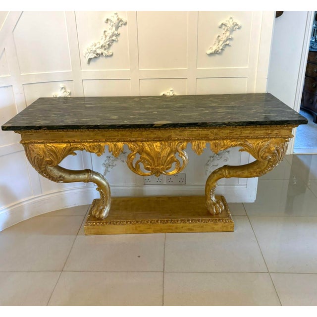 Antique Baroque Revival Italian Giltwood Console Tables with Breccia Marble Tops and Lion's Paw Supports, 1850s, Set of 2 For Sale - Image 9 of 15