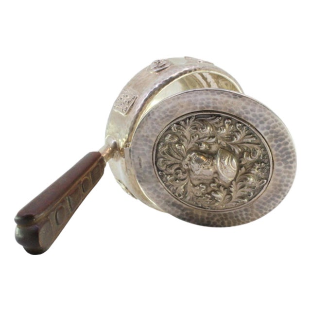 Silver Smudging Bowl with Busts of Roman Soldiers Hammered Lid, Reliefs Casing and Wooden Handle For Sale