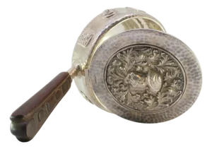 Silver Smudging Bowl with Busts of Roman Soldiers Hammered Lid, Reliefs Casing and Wooden Handle