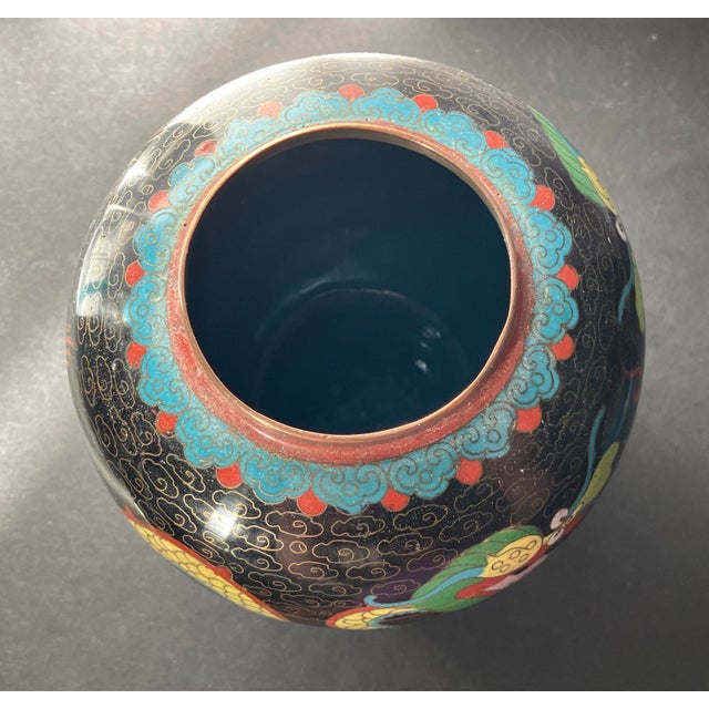 Vintage Chinese Cloisonné Dragon Ginger Jar W/ Lid, Decorative Collectible Vase For Sale - Image 4 of 12