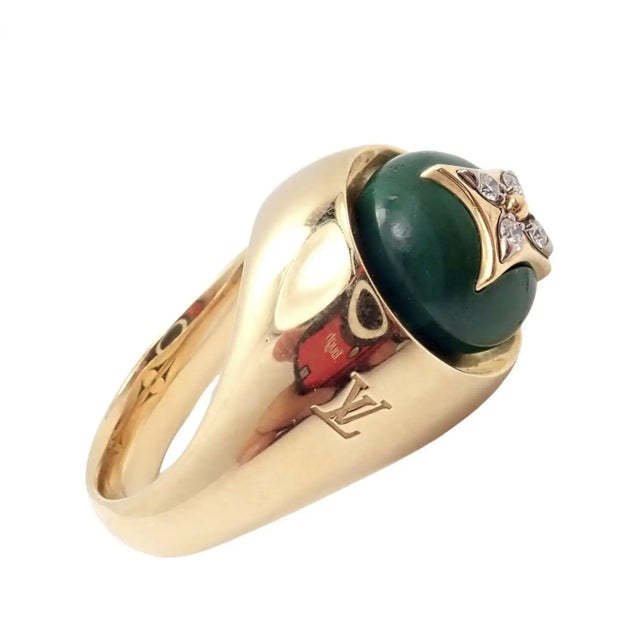 Early 21st Century Louis Vuitton Yellow Gold Diamond Malachite Blossom Signet Ring, Size 8.25 For Sale - Image 5 of 10