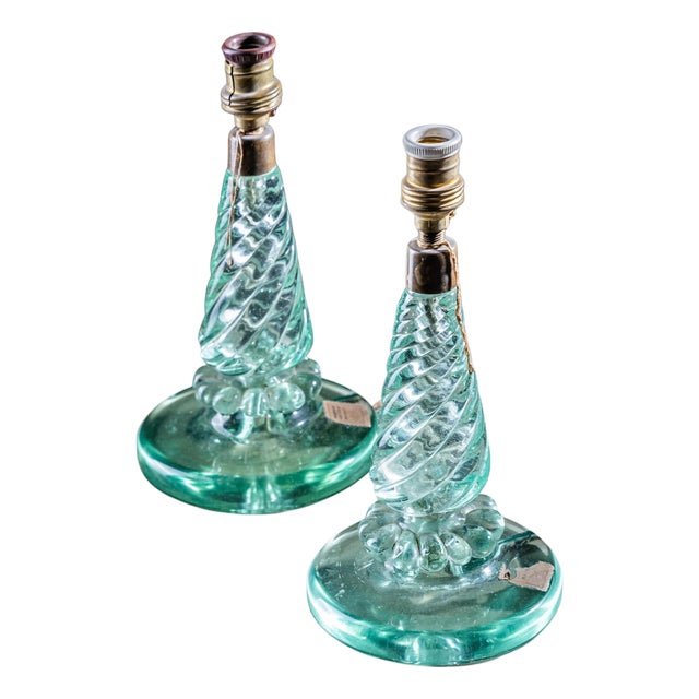 Pair of Small Table Lamps with Glass Base by Seguso Vetri d’Arte, Italy 1940s For Sale