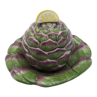 Vintage Fitz & Floyd Artichoke With Lemon on Plate Serving Dish Tureen- 2 Pieces For Sale