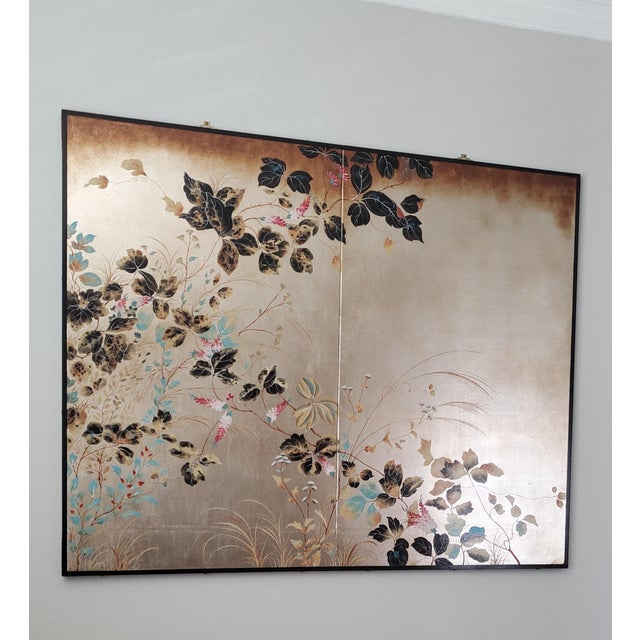 A stunning, hand-finished decorative two-panel Japanese screen (byōbu) originally purchased from the luxury retailer...