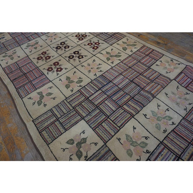 Remarkable Beige Color With Geometric and Floral Design Vintage American Hooked Rug For Sale - Image 12 of 15