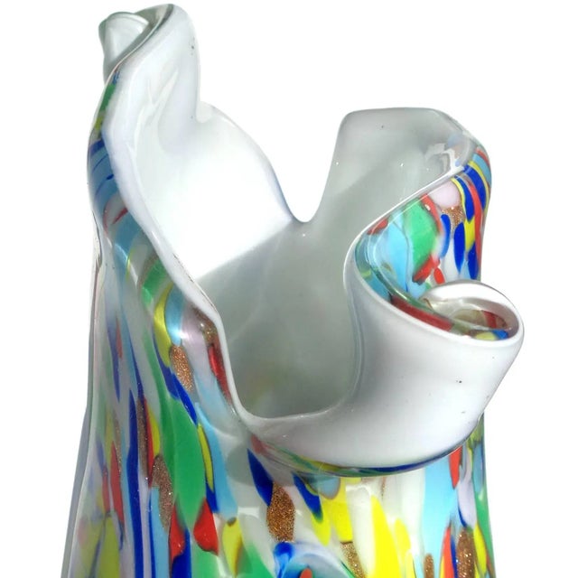 Beautiful and large, vintage Murano hand blown rainbow color swirls over white Italian art glass flower vase with scissor...