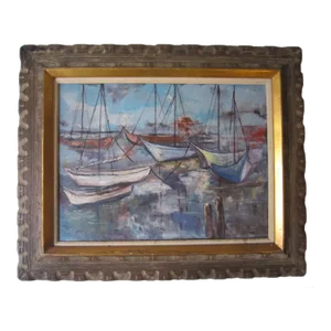 Mid Century Painting Boats, Signed Nordi