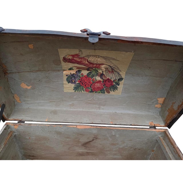 Antique Fitted Embossed Tin Dome Top Humpback Steamer Travel Trunk Chest For Sale - Image 4 of 18