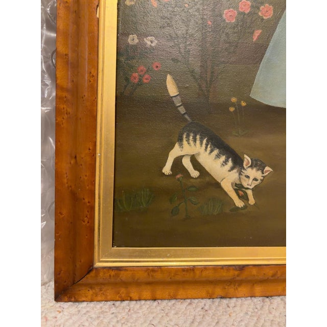 1960s American Folk Art Primitive Portrait of Young Girl With Cat & Schooner by an Unknown American Folk Artist – Oil on Canvas For Sale - Image 9 of 9