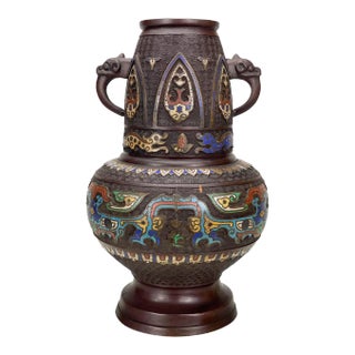 Antique Japanese Bronze Monumental Champleve Enamel Urn Vase For Sale