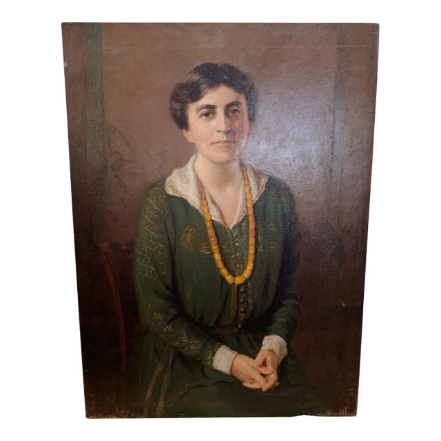 1920s/30s Large Antique Portrait Woman Oil Painting Canvas For Sale