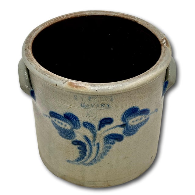 Excellent 1850s Antique American Blue 2 Gallon Flower Decorated Stoneware Jar by S. T. Brewer - Havana New York For Sale - Image 4 of 18