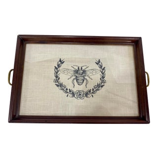 Mahogany 2 Handled Glass Tray With Napoleonic Bee Design Linen Insert For Sale