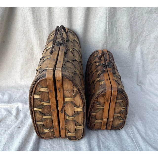 Pair of Woven Split Bamboo Nesting Boxes/Carrying Case's. Woven brass with woven leather handles. Locking hardware....