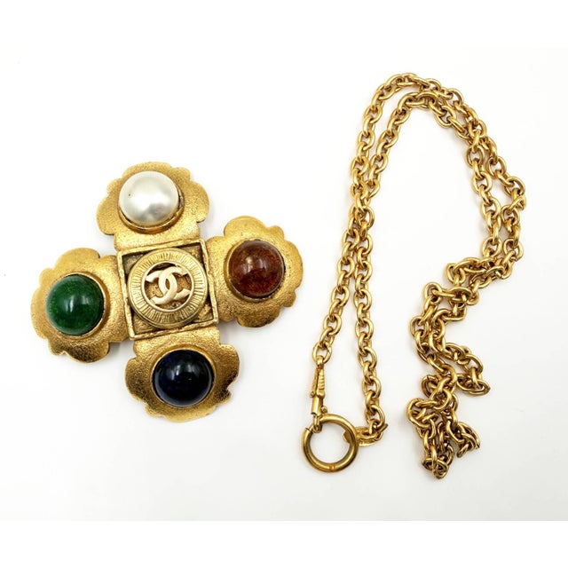 Chanel Rare Vintage Gold Plated CC Gripoix Stone Pearl Cross Large Brooch Pendant Necklace * Marked 25 and 1192 * Made in...