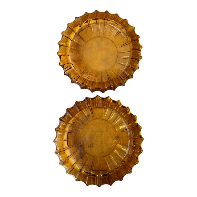 Pair of Vintage Round Amber Colored Glass Ashtrays For Sale