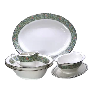Vintage Noritake Isolde Japan Ivory China # 7019 - 5 Pieces Serving Set, Blue & Yellow Orange Flowers, Tan Trim