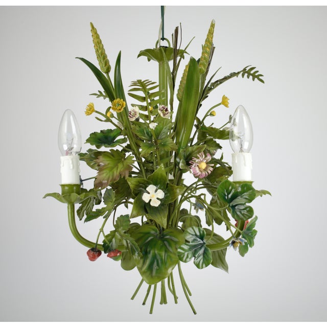 Metal Vintage French Toleware Chandelier Flower Bouquet Green, 1960s For Sale - Image 7 of 12