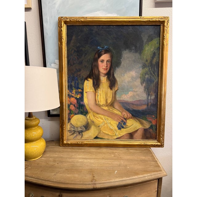 Portraiture Antique Oil Painting " Girl in Yellow Dress" Portrait by WMJ Edmondson 1930 Large Painting Gold Frame For Sale - Image 3 of 10