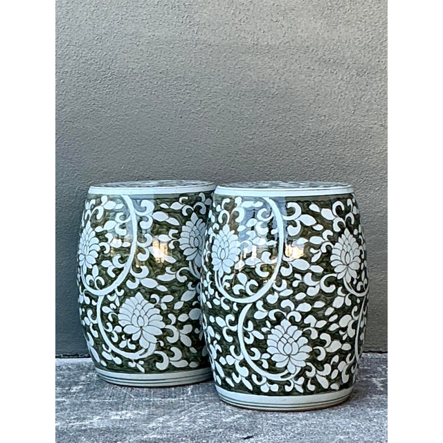 Contemporary Vintage Glazed Ceramic Floral Garden Stool - A Pair For Sale - Image 3 of 12