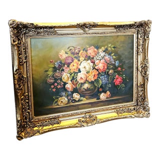 French-Inspired Floral Still Life Painting – Vibrant Flower Bouquet With Ornate Gold Leaf Frame For Sale