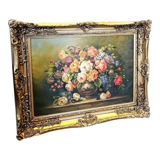 French-Inspired Floral Still Life Painting – Vibrant Flower Bouquet With Ornate Gold Leaf Frame For Sale