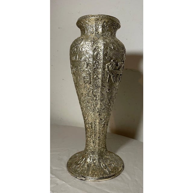 Victorian Large Antique Ornate Detailed Silverplate Dutch Figural Repousse Relief Vase For Sale - Image 3 of 17