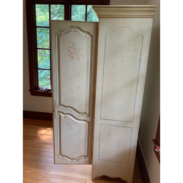 Wood French Country Armoire, Hand Painted Floral Motifs. Ethan Allen For Sale - Image 7 of 14