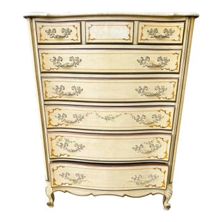 National of Mount Airy Louis XV Painted Cherry Wood Tall Chest of Drawers - Vintage Mid 20th Century For Sale