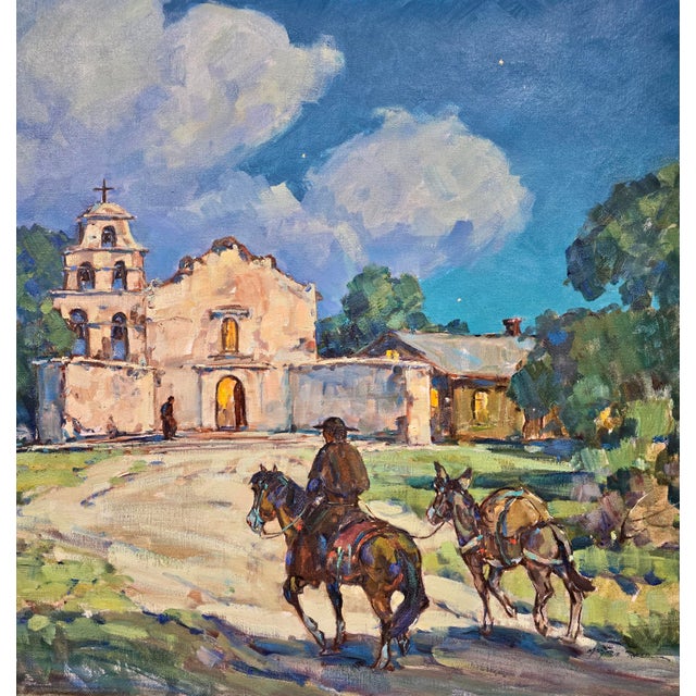 1960s Marjorie Reed –Franciscan Rider Approaching Mission San Diego De Alcalá at Dusk-Oil Painting For Sale - Image 5 of 13