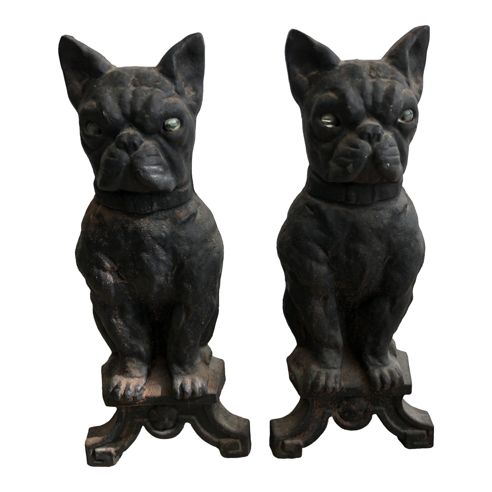 Early 20th Century Cast Iron French Bulldog Fireplace Andirons Set of