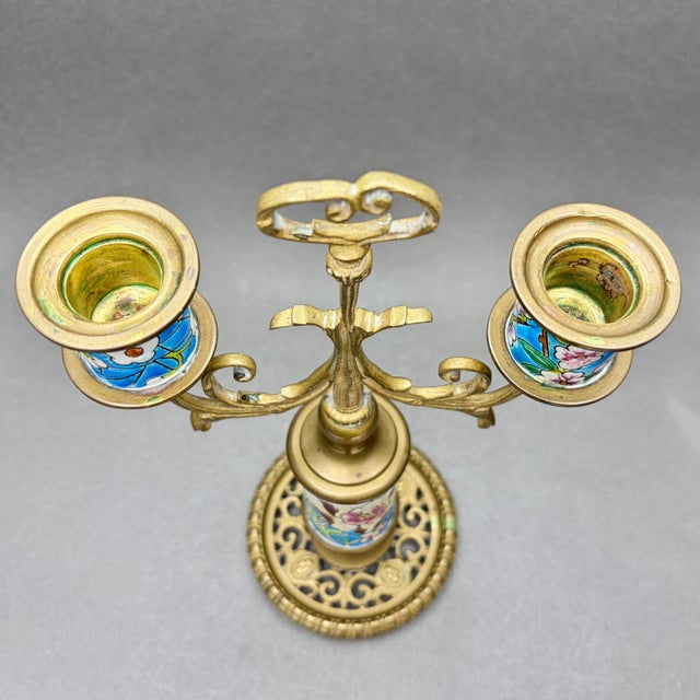 Antique Longwy France 1920s Turquoise Floral Enamel and Brass Two Arm Candelabra For Sale - Image 10 of 12