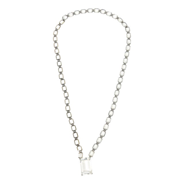 Vintage Art Deco Crystal and Silver Long Necklace With Faceted Square Pendant For Sale