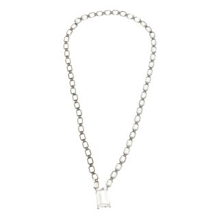 Vintage Art Deco Crystal and Sterling Silver Long Necklace With Faceted Pendant For Sale