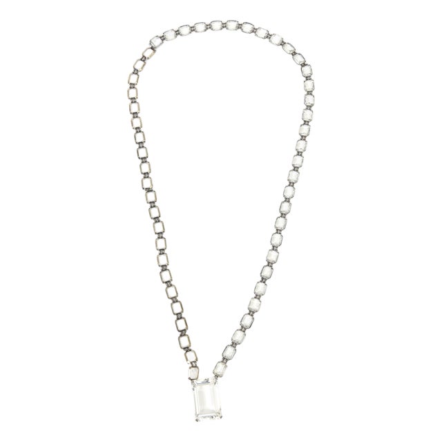 Vintage Art Deco Crystal and Sterling Silver Long Necklace With Faceted Pendant For Sale