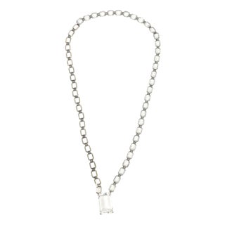 Vintage Art Deco Crystal and Sterling Silver Long Necklace With Faceted Square Pendant For Sale