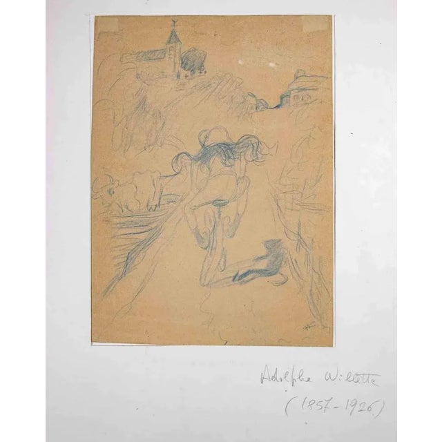 Woman On Bicycle is a Blue Pencil Drawing realized by Adolphe Léon Willette in 1890s. Good condition on a yellowed paper....