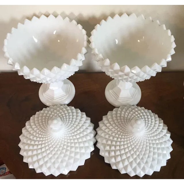 Vintage Milk Glass Covered Centerpiece Bowl with Saw Tooth Design - a Pair For Sale - Image 11 of 12