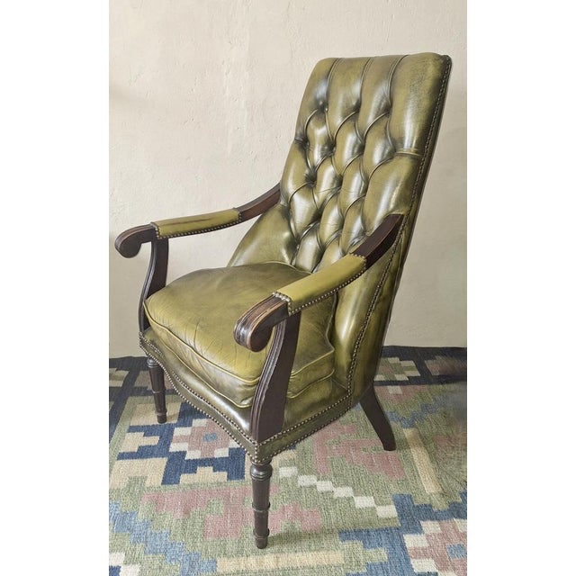 Olive Green Tufted Leather Chesterfield Library Chair, 1970s For Sale - Image 4 of 12