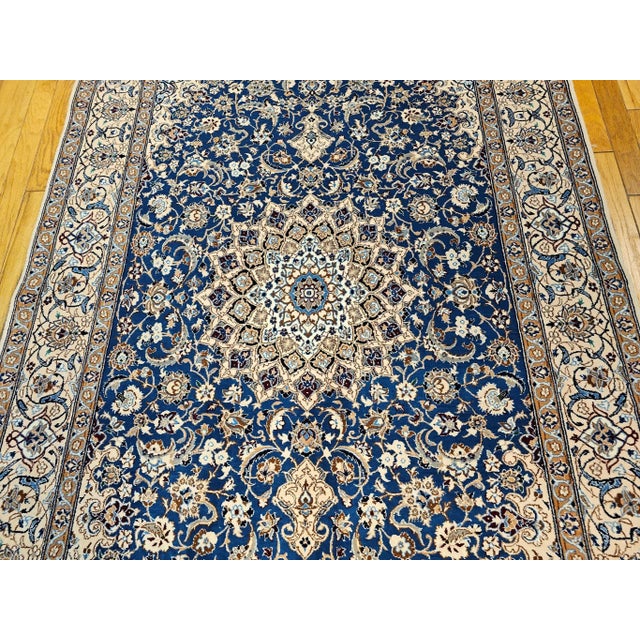 French Country Vintage Persian Nain Rug, Handwoven Floral Pattern, Silk Highlights, Blue & Ivory, 6’ X 9’ For Sale - Image 3 of 12