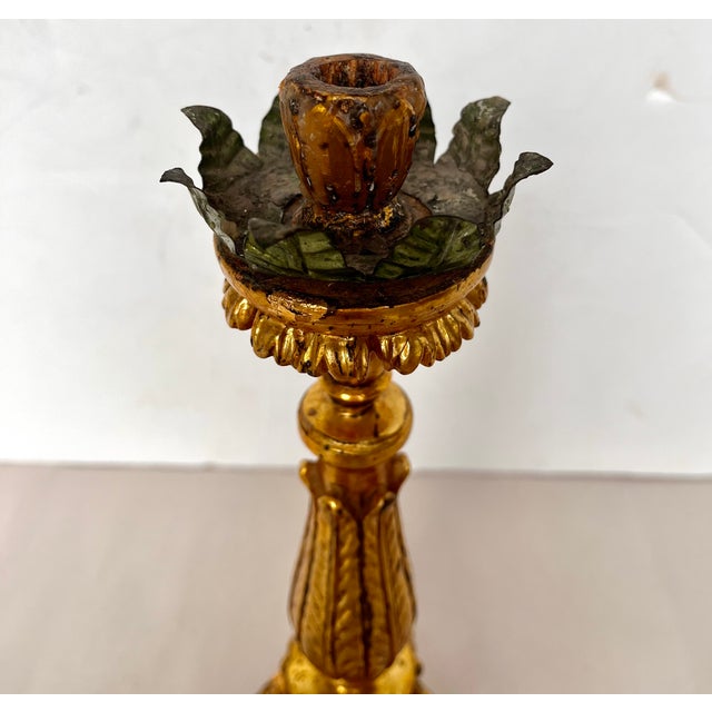 Early 20th Century Antique Early 1900s Gilded Wood Ornate Candle Holders - A Pair For Sale - Image 5 of 15