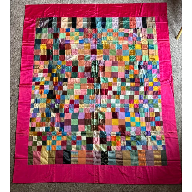 1990s Vintage Handmade Satin Patchwork Queen Size Bed Cover For Sale - Image 5 of 7