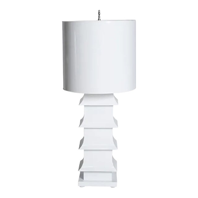 Matthew Izzo Home - Hand-Painted Wide Pagoda Tole Table Lamp in White With Nickel Harp/Finial For Sale