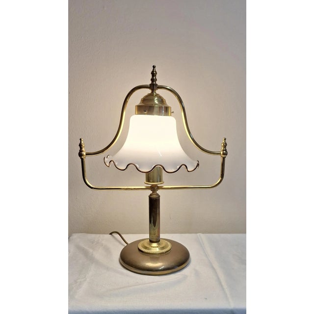 Gold Vintage Table Lamp with Brass Frame and White Wavy Glass Shade, 1980s For Sale - Image 8 of 8