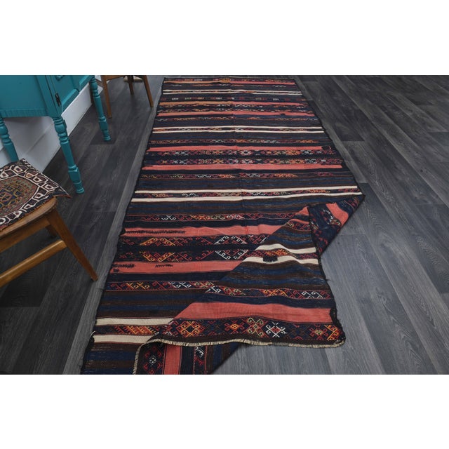 Blue 1970s Vintage Handmade Wool Cotton Dark Blue Runner Rug For Sale - Image 8 of 11