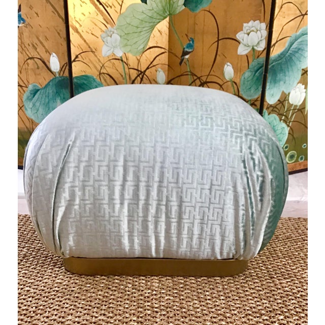 Karl Springer 1980s Hollywood Regency Aquamarine Pouf For Sale - Image 4 of 9